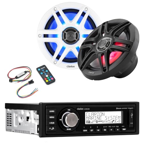 Clarion M508 Marine Single Din with CMS-651RGB-SWB 6.5-inch LED RGB Marine Coaxial Speakers, Sport Grilles Includes Lighting Remote