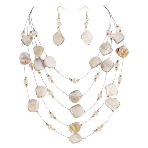 Image of Coiris Natural Seashell Choker Necklaces Earrings Jewelry Set for Women Starfish Shell Freshwater Pearl Collar Necklaces for Women Irregular Mother of Pearl Jewelry Set