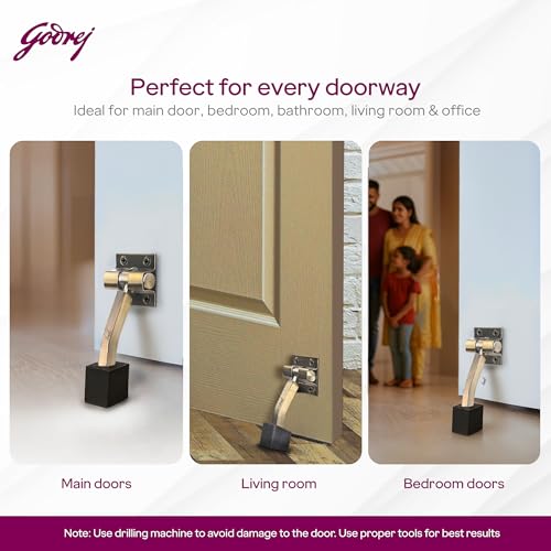Image of Godrej Door Fittings | Door Stopper for Home with Rubber (Pack of 2, Antique Brass) | Rubber Stopper with Click Action | 180 Swing Control | Heavy Duty Stopper for Home, Office & Hotel