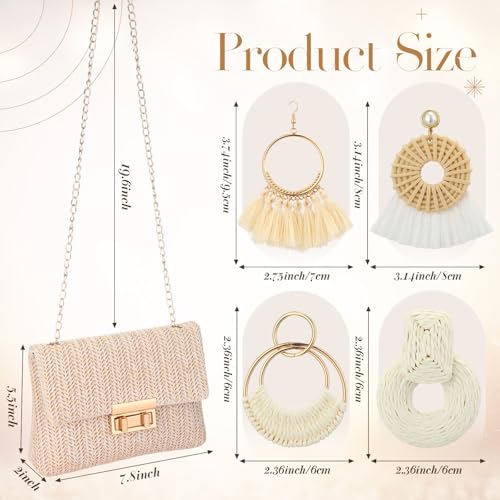 Image of Dansydaisy 5 Pack Striped Straw Clutch Purse Crossbody Vacation Handbag Woven Rattan Dangle Earrings for Women(Creamy White,Square Buckle)