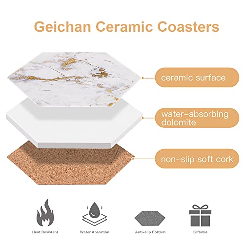 Marble Coasters for Drinks Absorbent with Cork Base,Drink Coasters Set of 6 for Table,Ceramic Coaster with Holder,Home Decor Coffee Cup Beverage Wine Beer Bar Coaster (Gold03) - Image 2