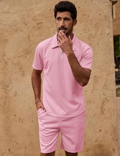 Image of URRU Mens Textured Polo Shirt and Shorts Sets Outfits 2 Piece Summer Tracksuits Casual Quarter Zip Golf Polo Shirts