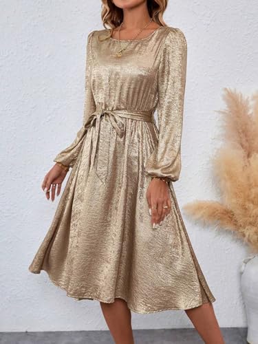 Women 2025 Summer midi Dress Round Neck Waisted Tie-Up Long Sleeve Shine Dress3