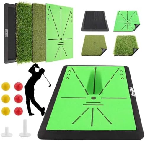 Golf Hitting Mat – Golf Pratice Mat with Longer Swing Path Trajectory, 3-in-1 Includes Fairway, Rough & Putting Pad Training Mats on No-Slip Rubber Base, Golf Hitting Mats, Simulator Must Haves