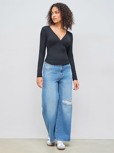 CIDER Going Out Tops Long Sleeve Top Ruched V Neck T Shirt Elegant Slim Fit Tee Basic Tops V Neck Long Sleeve Top3