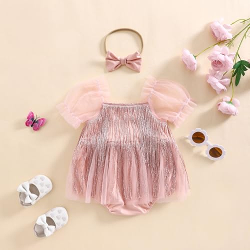 Kuriozud Newborn Baby Girl Summer Clothes Sequin Fringe Romper Dress Puff Short Sleeve Tulle Romper Cute Sparkling Clothes3