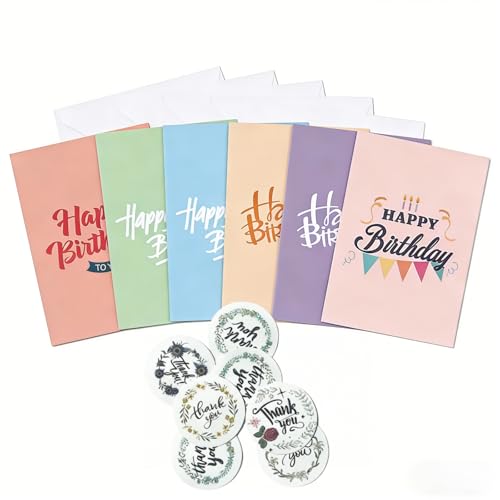 6 Pack Birthday Greeting Cards with Envelopes and Seal Stickers Assorted Happy Birthday Card Set Folded Greeting Cards for Birthday Wishes and Gift Giving