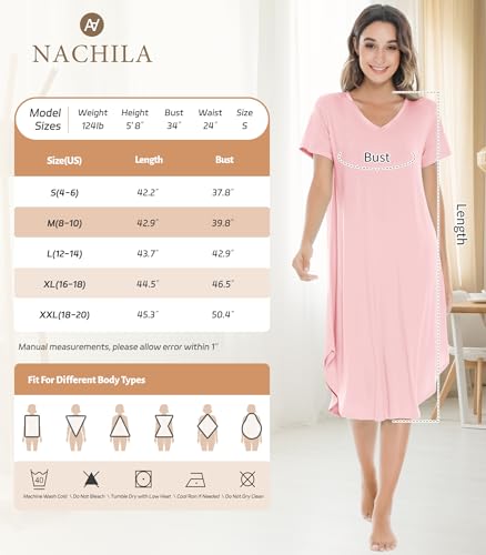 Image of NACHILA Nightgowns for Women-Viscose Made from Bamboo, V Neck Sleepshirts Short Sleeve Sleepwear Cool Nightshirt