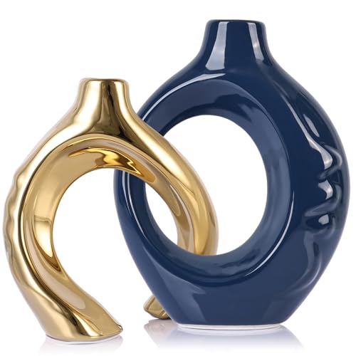 LCCCK Blue and Gold Ceramic Vases for Home Decor, Boho Vase for Flowers Pampas Grass Decorative, Navy Blue Hollow Donut Small Vase for Living Room Table Wedding Centerpiece Modern Vases
