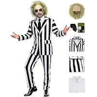 6Pcs Set - Mens Black and White Striped Suit with Green Wig & Makeup – Adult Scary 80s Horror Movie Character Halloween Costume SV097M