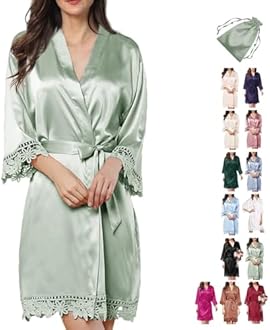 2Pcs Satin Robe Womens Silk Robes Lace Kimonos Bridal Silky Robes for Brides Bridesmaids Wedding Nightgown Bathrobe Sleepwear