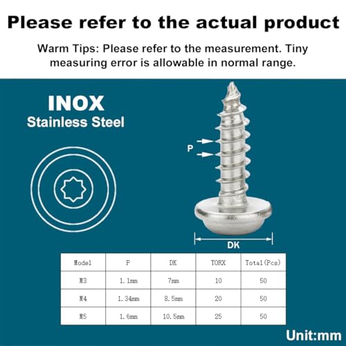 Drenky Blechschrauben Flachkopf M4x10mm,50 Stück Selbstschneidende Schrauben Mit Scheibe Edelstahl Rostfrei A2 V2A Holzschrauben Torx Vollgewinde