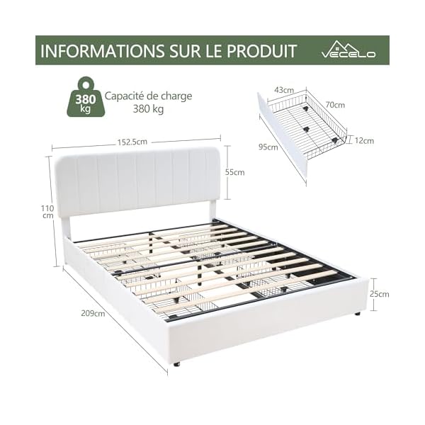 VECELO Lit Double Rembourré 140 x 200 cm avec 4 Tiroirs et Tête de Lit Réglable, Cadre de Lit en Velours, Support à Lattes en Bois Solide, Facile à Assembler, Blanc