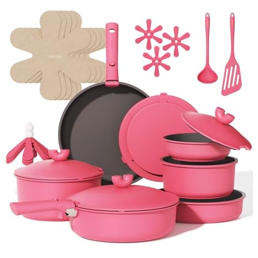 CAROTE 15pcs Pink Nonstick Cookware Set