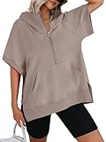 AUTOMET Woemns Sweatshirts Oversized Half Zip Fleece Hoodies Cute Short Sleeve Tops Loose Fir Casual Pullover Fahion Summer Clothes Trendy Y2k, X-Large, Coffee Grey