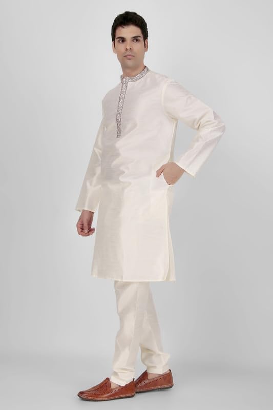 Mens Art Silk Embroidered Kurta Pajama Set For Wedding and Parties - Band Collar3
