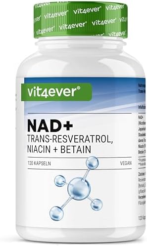 vit4ever NAD+ Premium Komplex - 120 Kapseln - 500 mg NAD+ | Mit Trans-Resveratrol (98%), Niacin (Vitamin B3) & Betain (TMG), 60 Tagevorrat - Laborgeprüft - Vegan