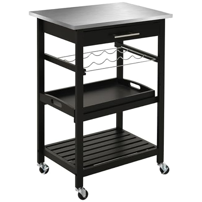 Kitchen Island Cart Rolling Trolley Utility Serving Cart with Stainless Steel Tabletop, Wine Rack & Drawer,for Restaurants-eE5gz4pH