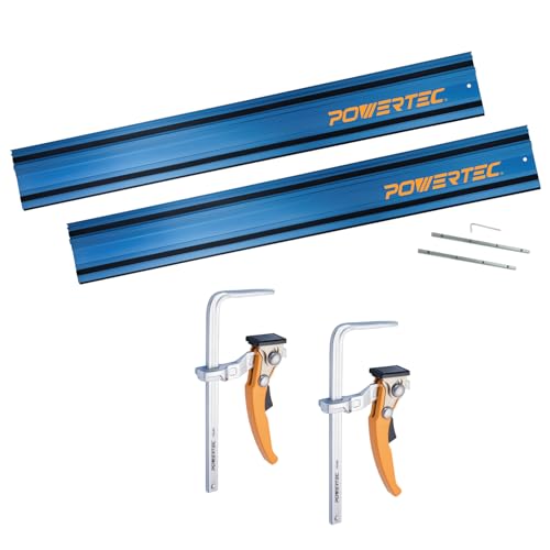 Image of POWERTEC 72461 110 inch Track Saw Guide Rail Joining Set for Milwaukee Track Saws w /Quick Release Ratcheting Clamps for Woodworking Projects