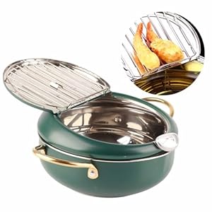 MOUMOUTEN Minifriteuse van roestvrij staal in Japanse stijl friteuse keuken visgarnalen minifriteuse met thermometer olieafdruiprek S 20 cm groen