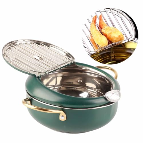 MOUMOUTEN Minifriteuse van roestvrij staal in Japanse stijl friteuse keuken visgarnalen minifriteuse met thermometer olieafdruiprek S 20 cm groen
