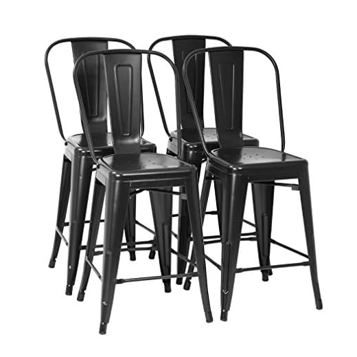 Metal Bar Stool Set of 4 Counter Height Barstool with Back 24 Inches Seat Height Industrial Bar Chairs Patio Stool Stackable Modern Kitchen Stool Indoor Outdoor Metal Bar Stool Kitchen Stools (Black)