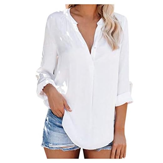 SHOBDW Mujeres V Cuello Blusa Pura Atractiva Grandes Suaves OL Ladies Sueltas Camisas de Bolsillo Tallas Tops Camisa de Manga Larga(Blanco,M)