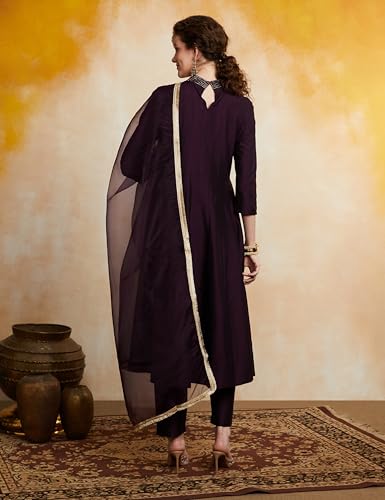 Image of Amazon Brand - Myx Women's Embroidered Kalidar Kurta Pant Set with Organza Dupatta (Available in Plus Sizes)