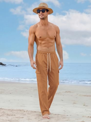 Image of Men's Linen Pants Casual Cargo Pants with Pockets Lightweight Elastic Waist Drawstring Pants Baggy Beach Pants