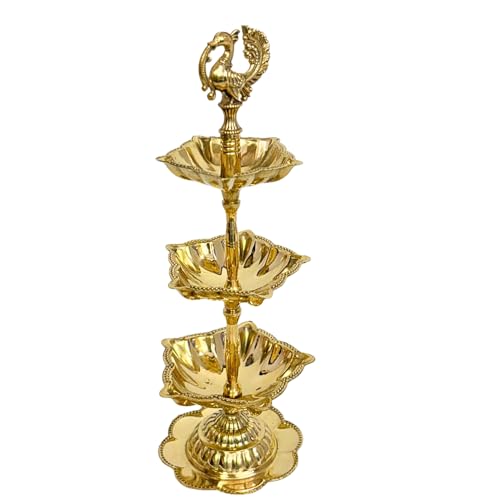 Image of Handcrafted Double Brass Diya with Peacock Design | Traditional Brass Oil Lamp for Puja, Temple & Home Decoration | Antique Finish Deepak for Festivals (Triple Diya)