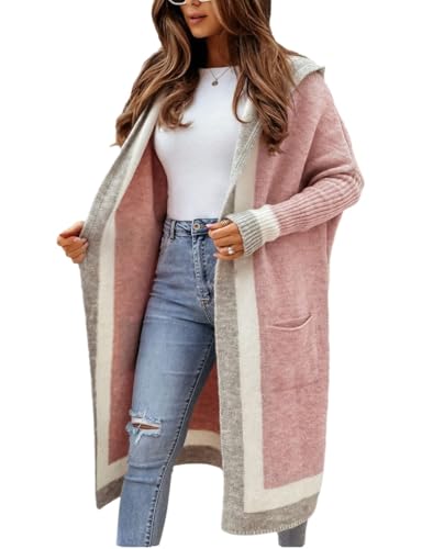happlan Women's Color Block Striped Front Open Oversized Hooded Long Slouchy Cardigan Sweater with Pockets