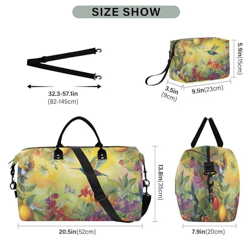 Large Travel Duffel Bag, Vintage Humming Bird Sports Tote Gym Bag, Shoulder Weekender Overnight Bag for Women Men, Carry On Luggage with Toiletry Bags3