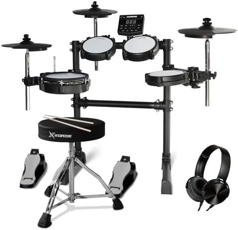 Electronic Drum Set Electric Drum Kit with 4 Quiet Mesh Pads, 360 Sounds, 2 Pedals, Headphones, Sticks, Dual Bluetooth function, Suit for Beginner