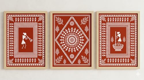 Image of ARAkri Warli Art Paintings, Red and Terracota color Wall Art set, Traditional Wall decor Ideas, Framed Art set of 3, Living Room Bedroom Decor (ART 6, 13 X 17 INCH)