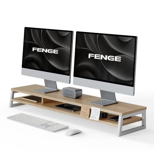 Fenge Dual Monitor Riser for Desk, Open Shelf with 3 Storage Compartments