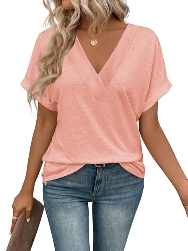 EyMuse T Shirts Short Sleeve V Neck Tees Womens Fashion Tops Trendy Lightweight Soft 2026 Casual Summer Spring Outfits Clothes Pink,S