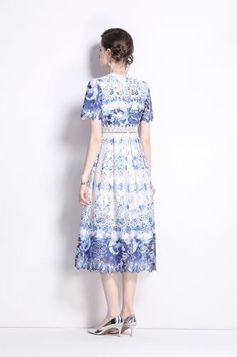 Image of LAI MENG FIVE CATS Women's Lace Floral Short Sleeve Crochet Waist Cocktail Midi Dress