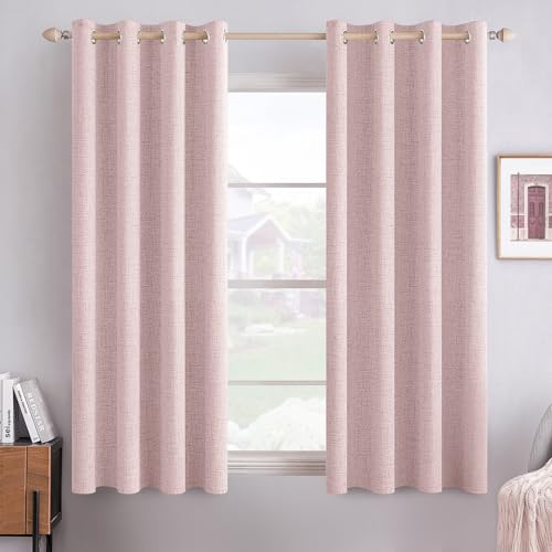 Image of MIULEE Linen Texture Curtains for Bedroom Solid 100% Blackout Thermal Insulated Pink Curtains Grommet Room Darkening Drapes for Living Room 52x54 Inch (2 Panels)