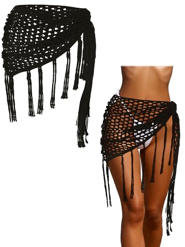 Geyoga Halloween Mermaid Cosplay Skirt Women Crochet Cover up Skirt Swimwear Tassel Beach Grid Knitted Wrap