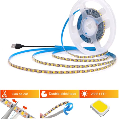 Tira LED 5V USB 2835 120 LEDs/m Luz Cálida 5M Flexible miniatura 2