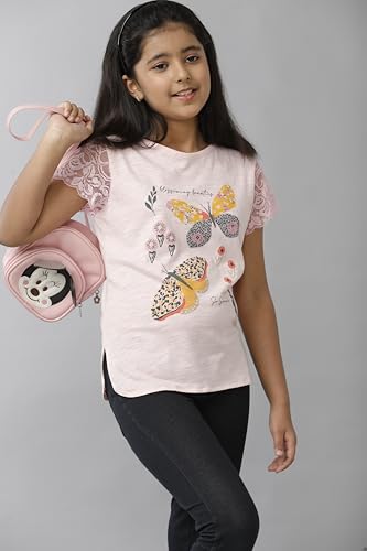 Image of Girls Cotton Tops Collection - Round Neck, Crop Top, Full & Half Sleeve, Drop Shoulder, Ruffle Sleeve, Graphic Printed, Embroidered & Slub Knit Styles, Soft Breathable Fabric for Kids Casual Wear