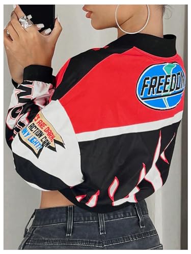 Floerns Women's Y2k Letter Graphic Zip Up Motorcycle Jacket Long Sleeve Cropped Bomber Jackets3