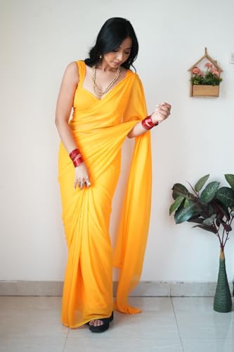 Image of StyleScope Women's Plain Georgette Ready To Wear One Minute Saree With Unstitched Blouse Piece (Kalki)