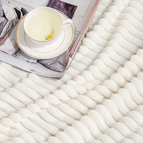 Recyco Fleece Throw Blanket For Couch, Super Soft Cozy Fuzzy Decorative Blankets And Throws With Striped Pattern For Sofa, Lightweight Ribbed Plush Cream White Throw Blanket For Bed 50"X60" #TOP1