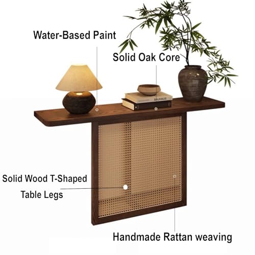 Mesa consola de madera maciza noble y frontal de ratán natural 4