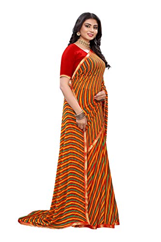 Image of AKHILAM Women's Lace Border Leheriya Chiffon Saree with Unstitched Blouse Piece(4QEN18 Parent)