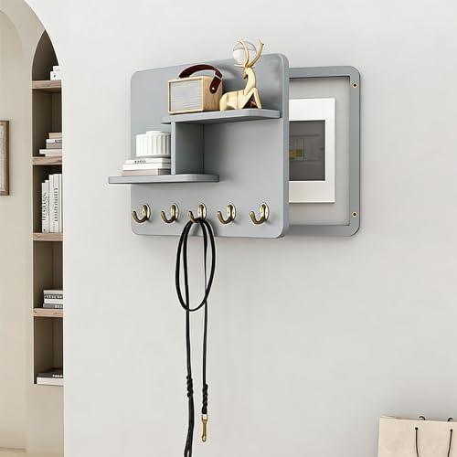 Fuse Box Cover Cabinet, Wall Mounted Fuse Box Cover Cabinet, Wooden with Shelf &amp; Hooks, for Living Room Home Office(Gray-b,55 * 45cm/21.7 * 17.7in)