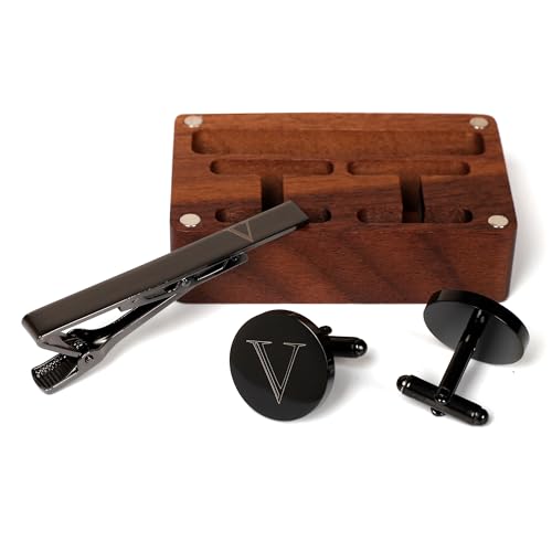 Image of Mens Initial Cufflinks and Tie Clip A-Z Alphabet Letter Black Stainless Cuff Links Tie Bar with Engraved Walnut Wood Box Groom Groomsman Wedding Set