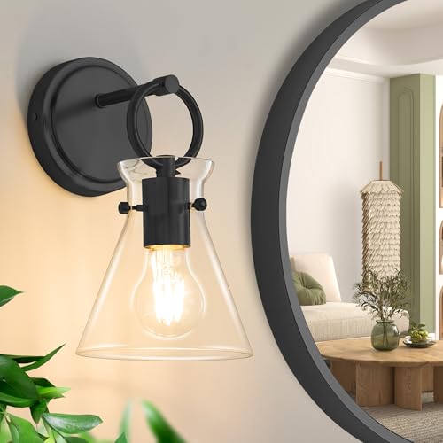 Image of Wall Sconce for Bathroom Modern Vanity Light Fixtures Hardwired Wall Mount Lighting Lamp Farmhouse Wall Lights with 6 inch Clear Glass Shade for Bedroom Living Room Mirror Kitchen (Black, 1 Pack)