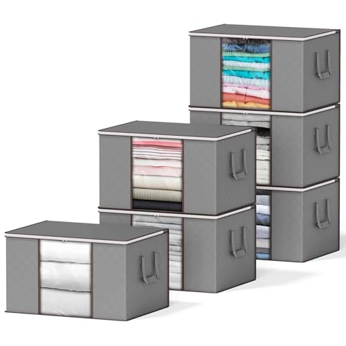 SpaceAid 6 Pack 90L Clothing Storage Bags, Heavy Duty Closet Storage Bins, Extra Large Moving bags, Storage Containers for Clothes, Blankets, Comforters, and Pillows - Gray